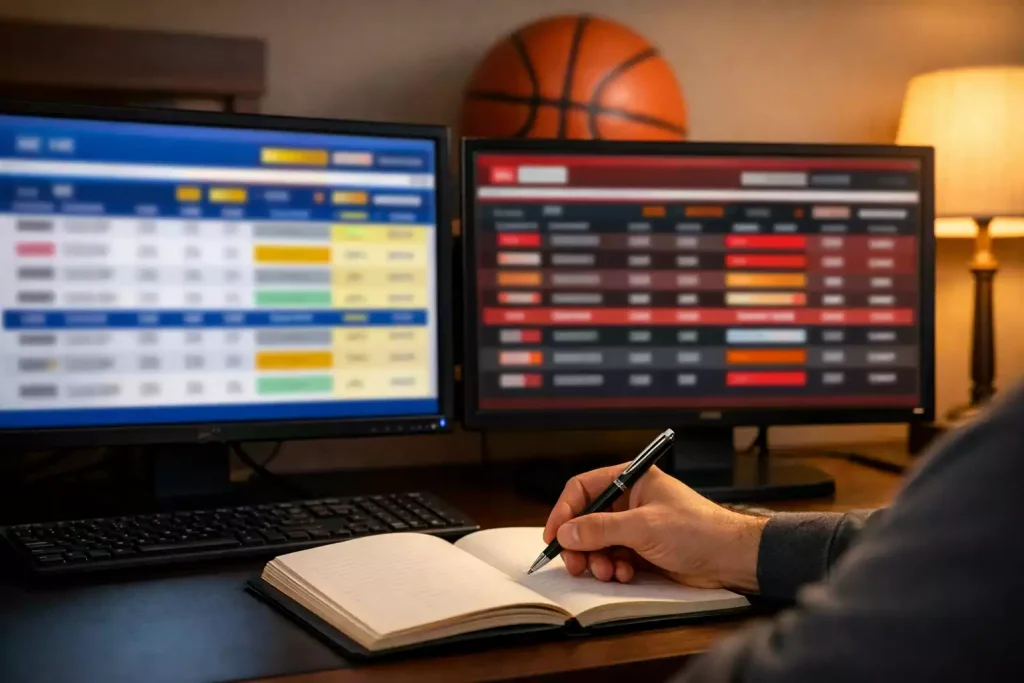 Persoon vergelijkt basketbalwedstrijdgegevens op twee schermen naast een notitieboek