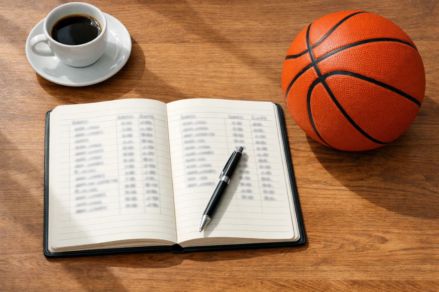 Notitieboek met een wedstrategie naast een basketbal op een houten bureau