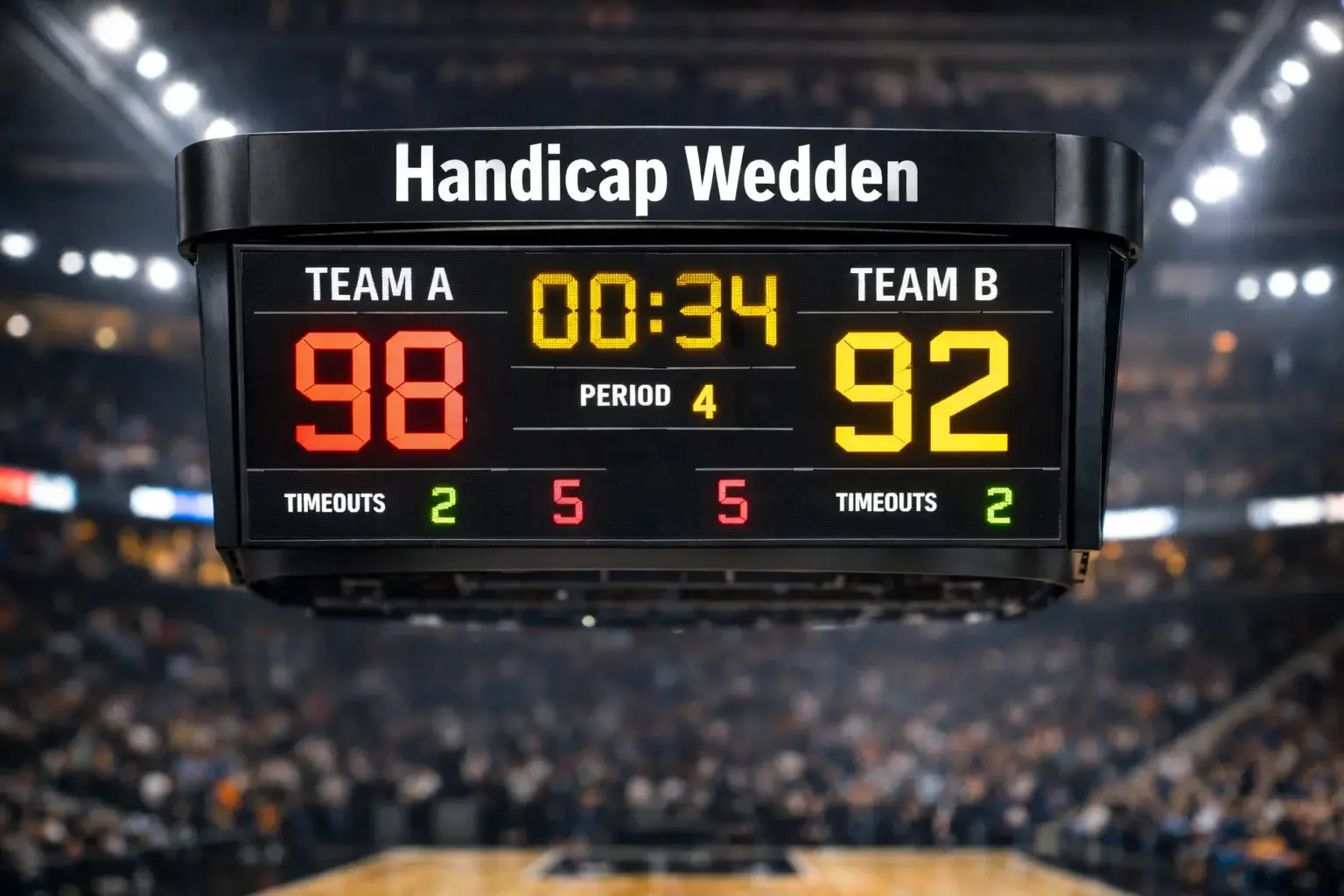 Basketbal scorebord toont puntenverschil tussen twee teams