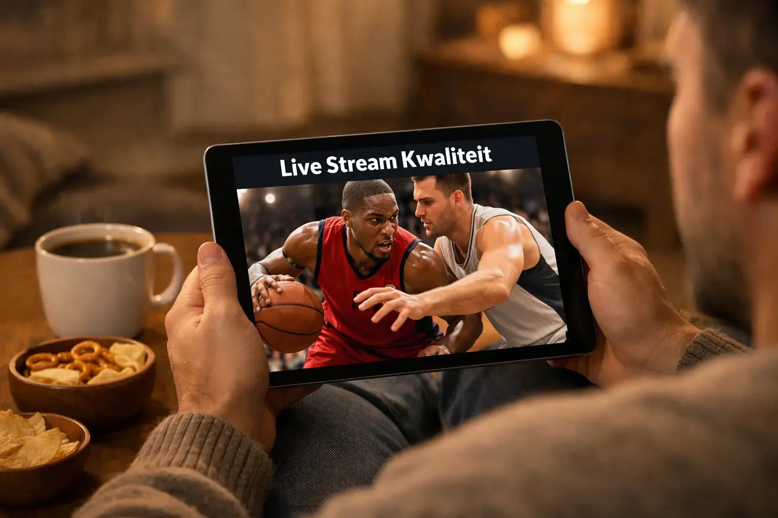 Fan bekijkt basketbal livestream op tablet terwijl wedstrijd bezig is