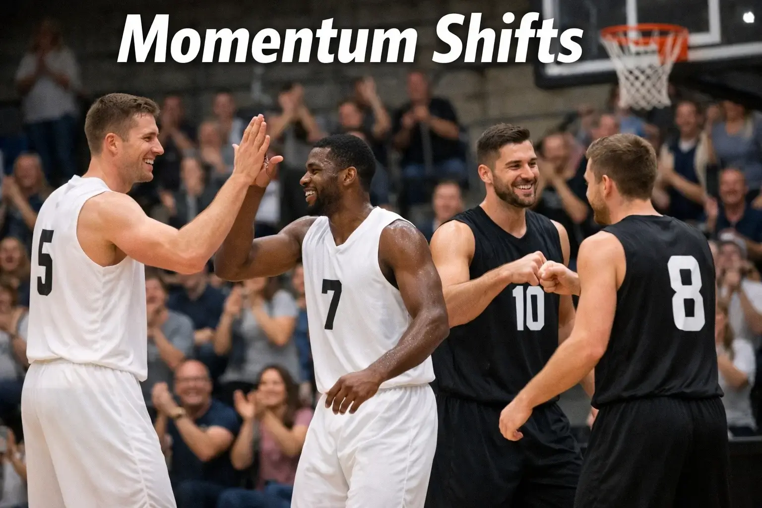 Basketbalteam viert een succesvolle run tijdens een momentum verandering