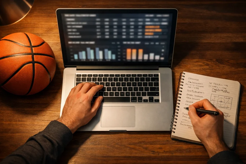 Persoon bestudeert basketbalstatistieken op een laptop naast een basketbal op een bureau
