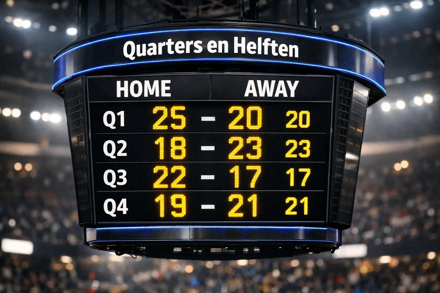Basketbal scorebord toont quarter scores tijdens een professionele wedstrijd
