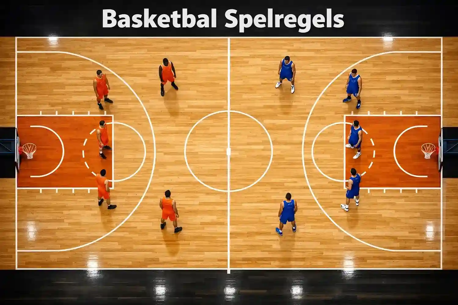 Basketbalveld van bovenaf gezien met spelers in teamshirts die in positie staan