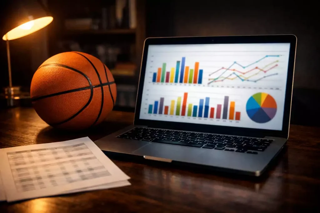Laptopscherm toont basketbalstatistieken met grafieken naast een basketbal op een bureau