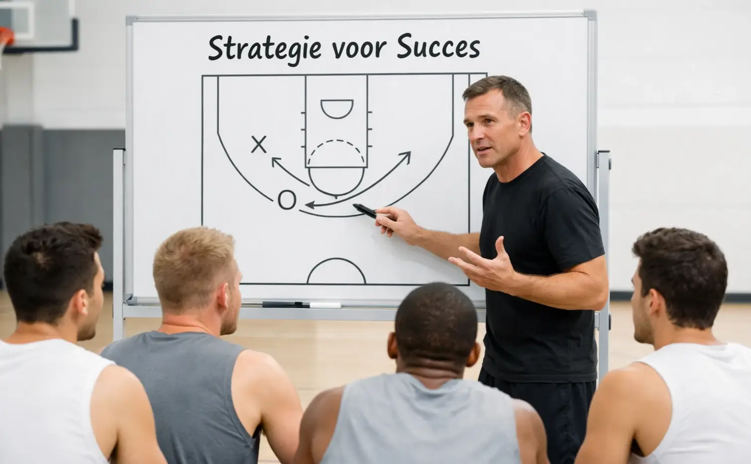 Basketbalcoach bespreekt tactiek en strategie met het team