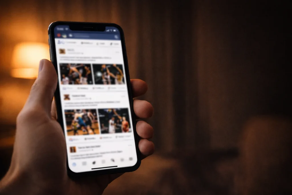 Persoon bekijkt kritisch social media op een smartphone met basketbalcontent op het scherm