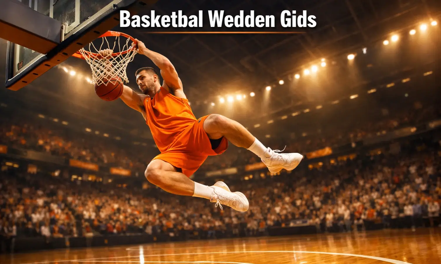 Basketbalspeler maakt een dunk tijdens een professionele wedstrijd in een verlichte arena