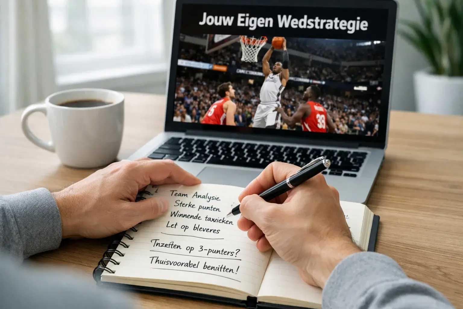 Persoon plant basketbal wedstrategie met notities en statistieken