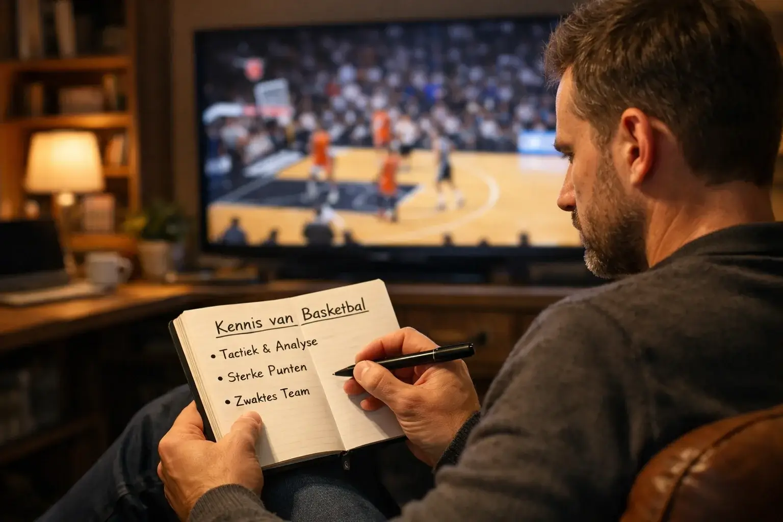 Fan bestudeert basketbalwedstrijd met analytische blik