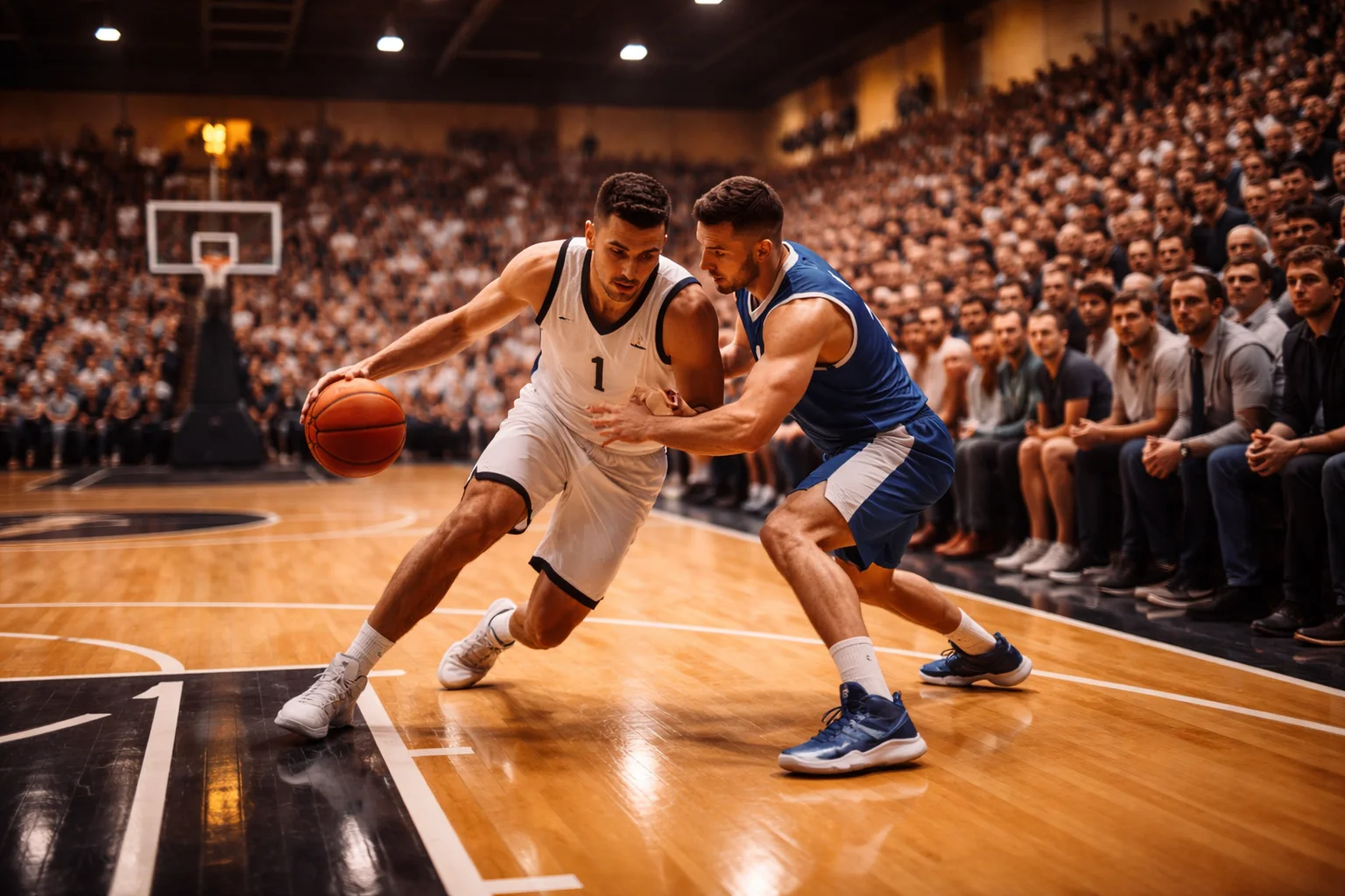 Intieme basketbalhal in Nederland met spelers in actie en publiek dichtbij het veld