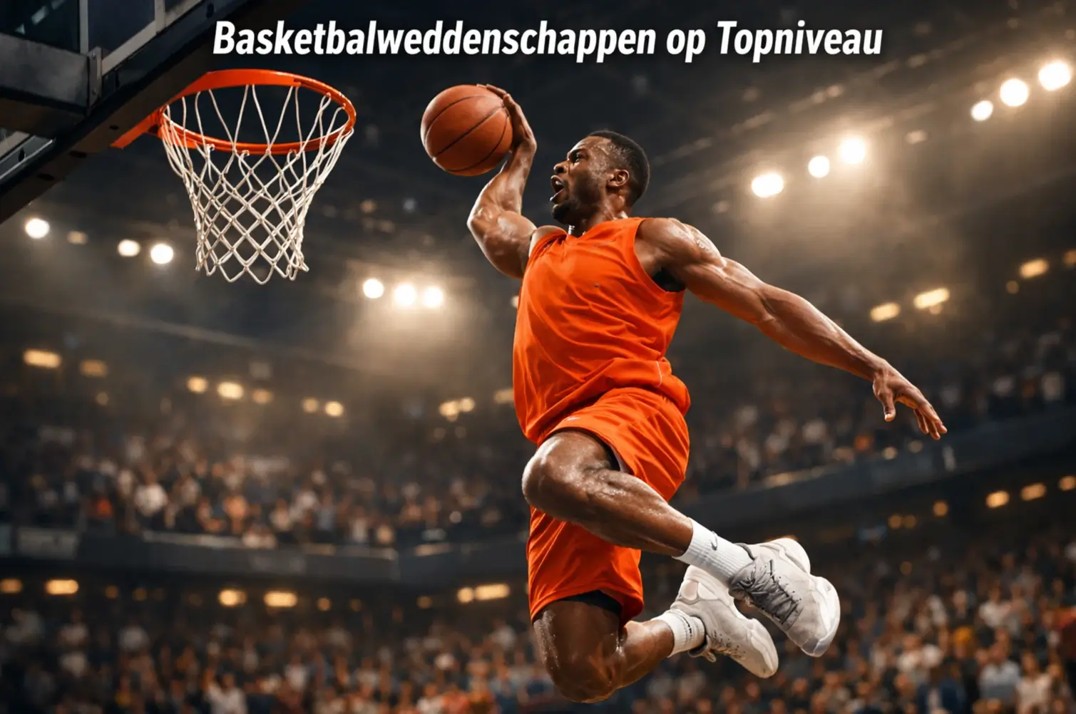Basketbalspeler maakt een dunk tijdens een professionele wedstrijd in een verlichte arena