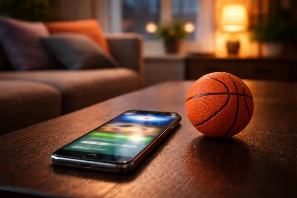 Smartphone met een sportwedden-app op een tafel naast een basketbal in een huiskamer