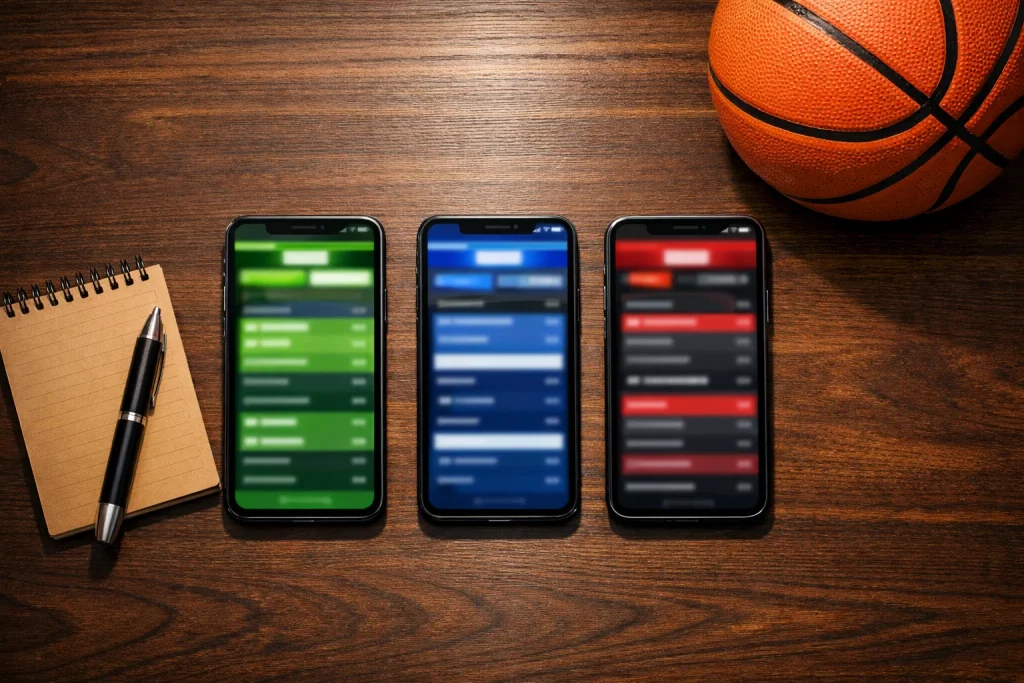 Meerdere smartphones met sportwedden-apps naast elkaar op een tafel met een basketbal