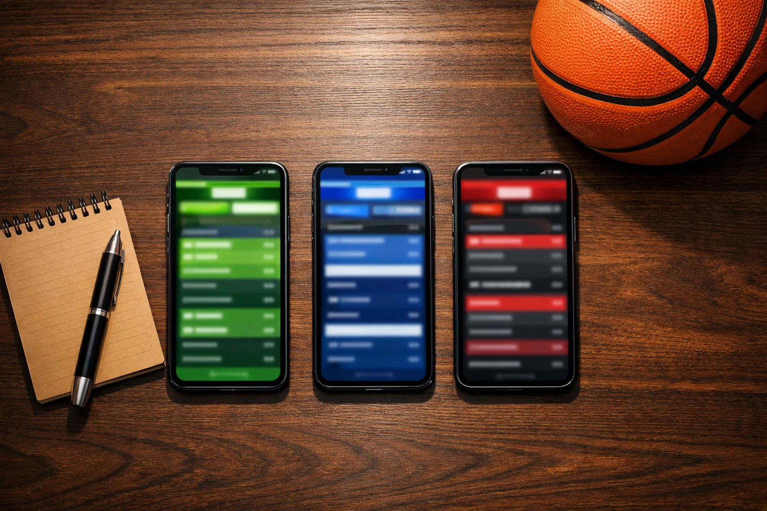 Meerdere smartphones met sportwedden-apps naast elkaar op een tafel met een basketbal