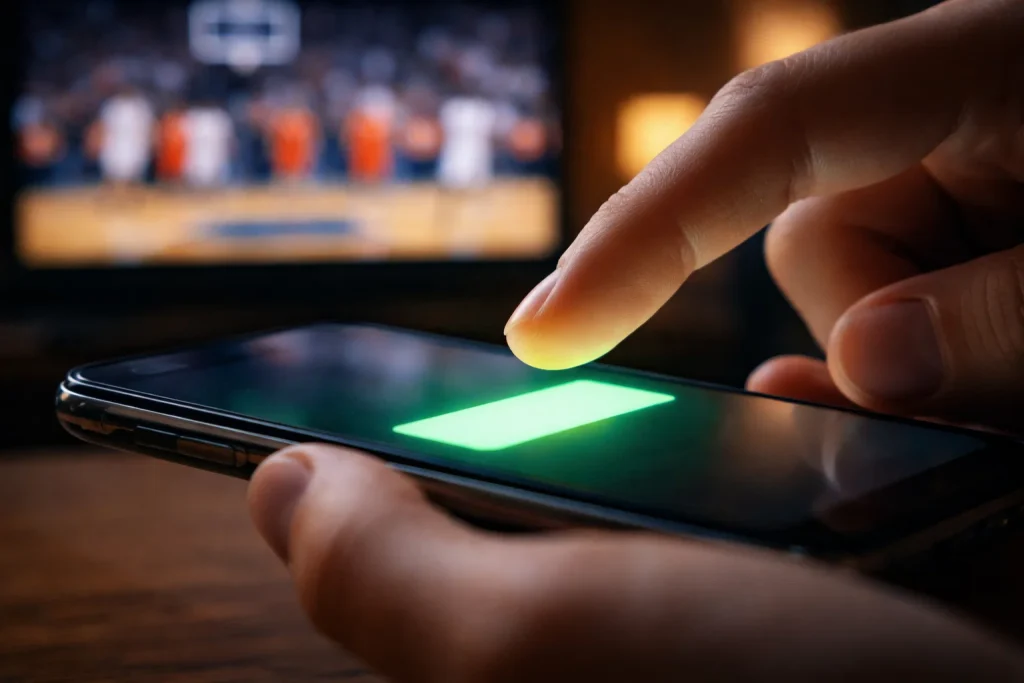Vinger zweeft boven een smartphone-scherm met een groene knop tijdens een basketbalwedstrijd