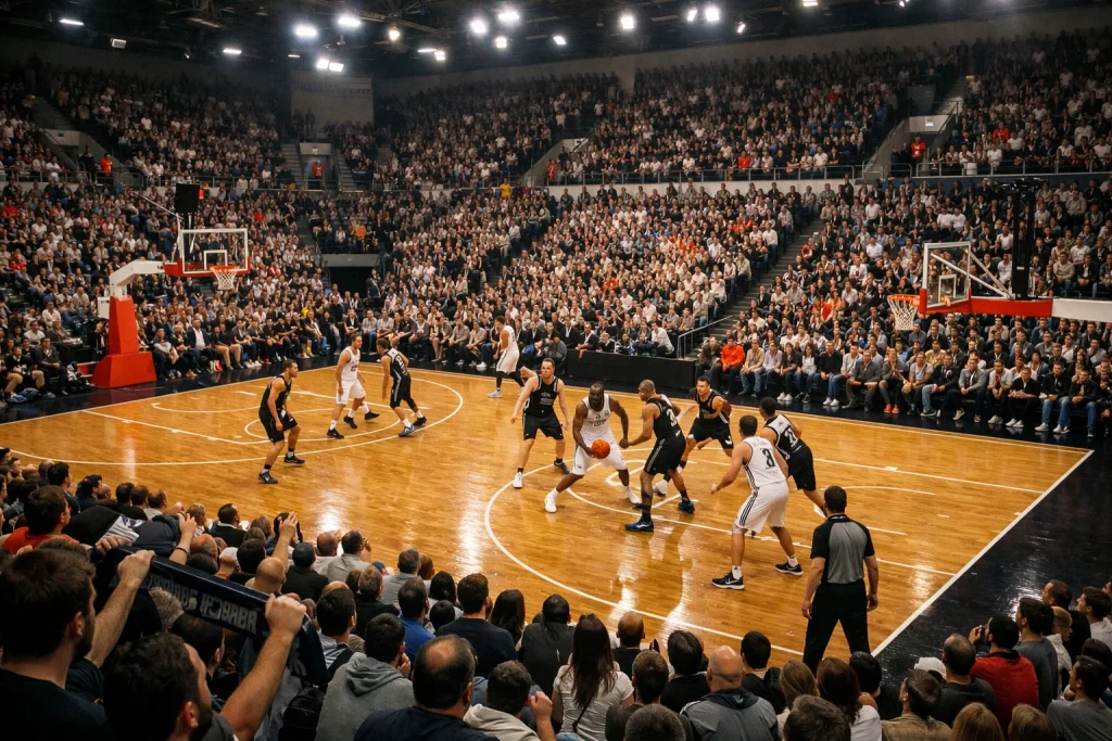 Europese basketbalarena met fanatiek publiek tijdens een EuroLeague-wedstrijd onder felle lampen