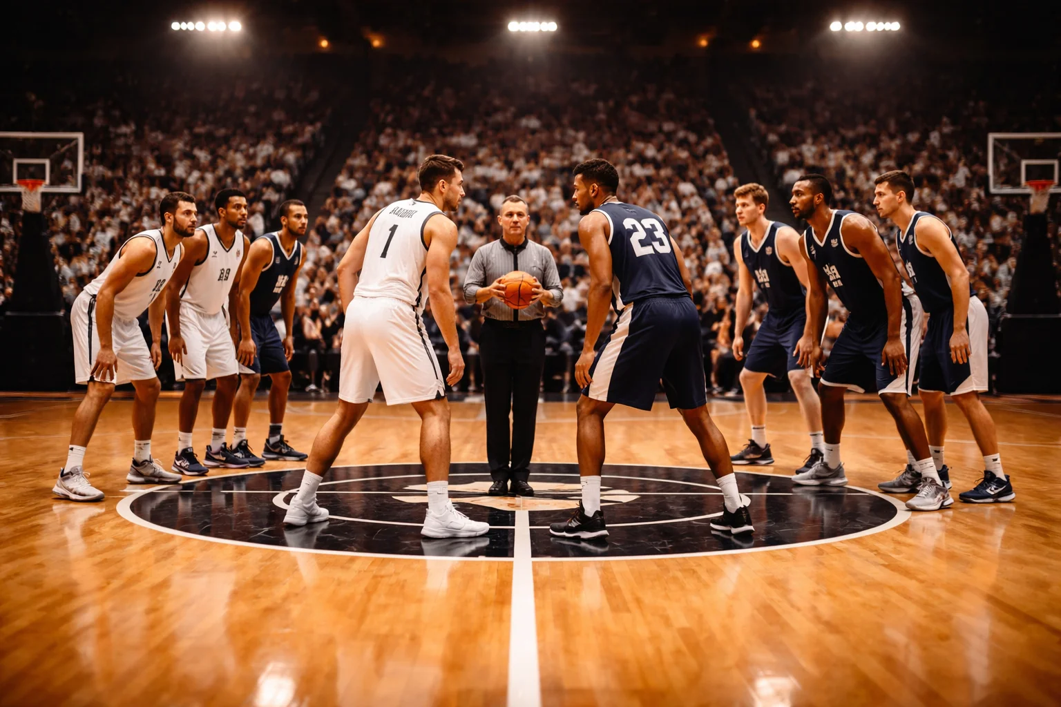 Twee basketbalteams staan tegenover elkaar bij de middencirkel klaar voor de tip-off