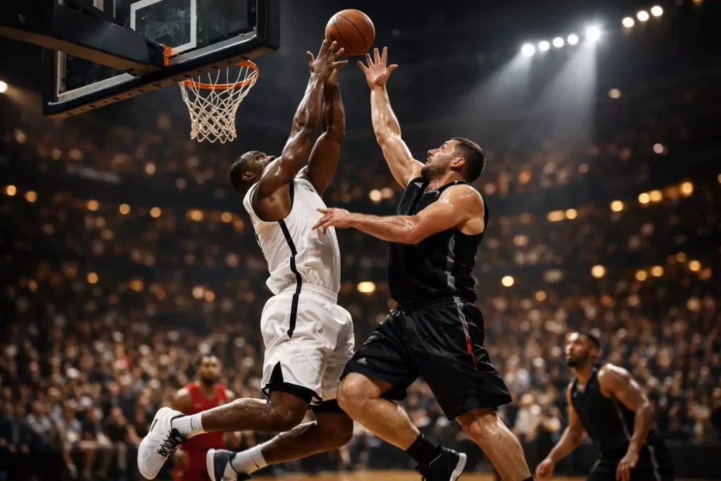 Twee basketbalteams in actie op het veld tijdens een beslissende NBA play-off wedstrijd