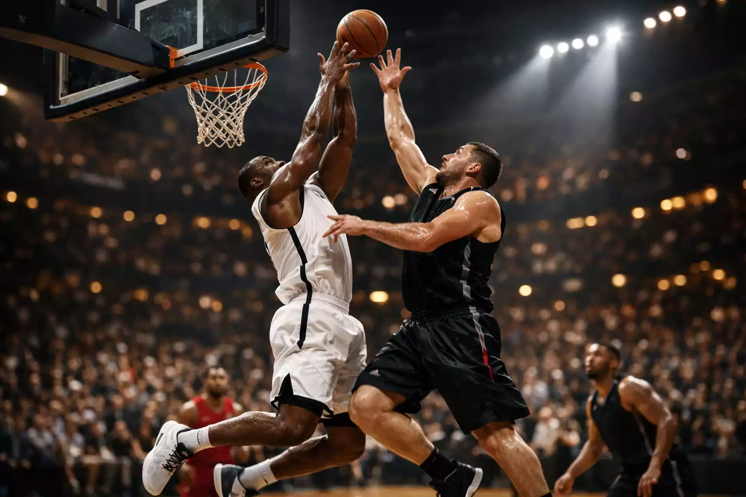 Twee basketbalteams in actie op het veld tijdens een beslissende NBA play-off wedstrijd