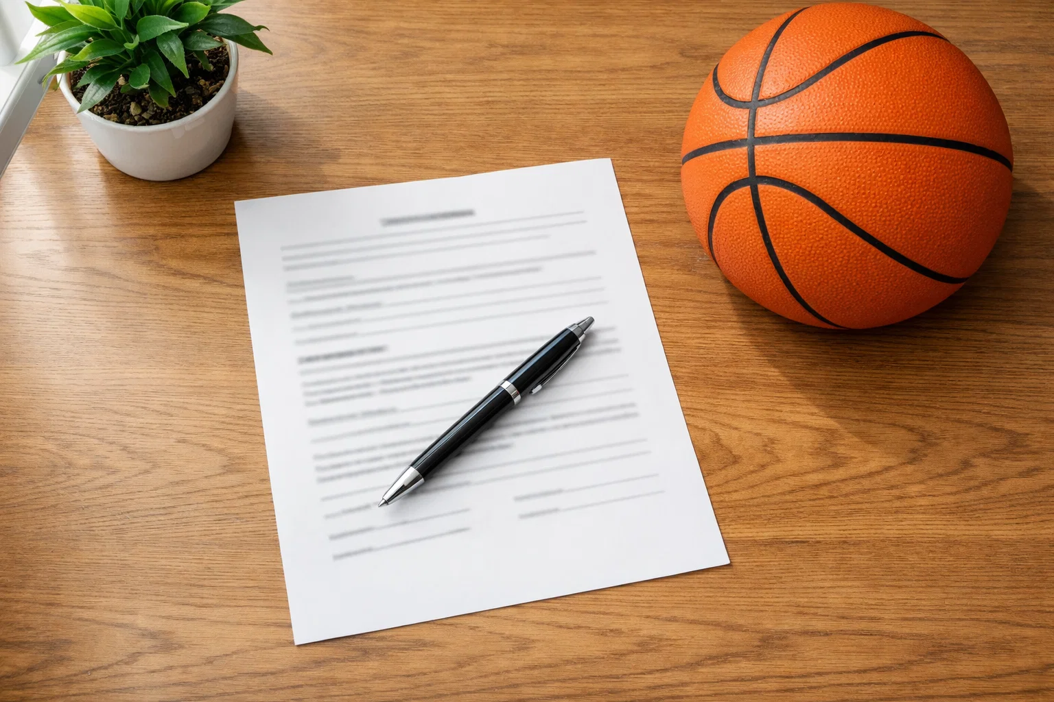 Nederlands belastingdocument op een bureau naast een basketbal en een pen