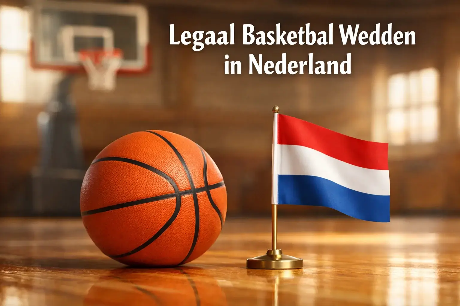 Nederlandse vlag naast een basketbal op een houten vloer in een sporthal