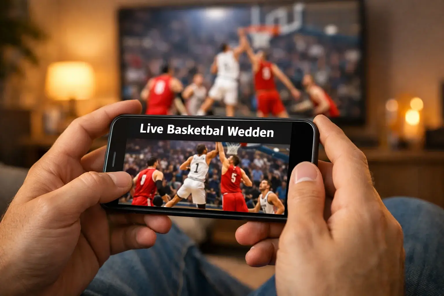 Fan volgt een basketbalwedstrijd op smartphone met scorebord zichtbaar op achtergrond