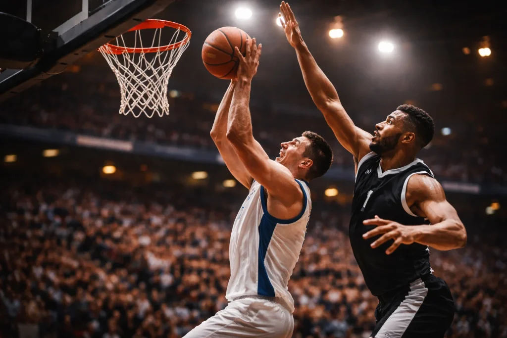 Intensieve actie tijdens een NBA-basketbalwedstrijd met spelers in gevecht om de bal onder de ring