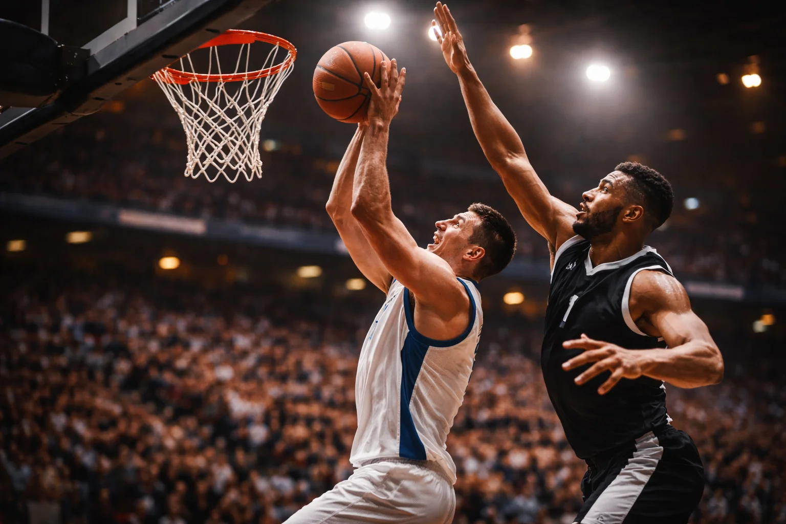 Intensieve actie tijdens een NBA-basketbalwedstrijd met spelers in gevecht om de bal onder de ring