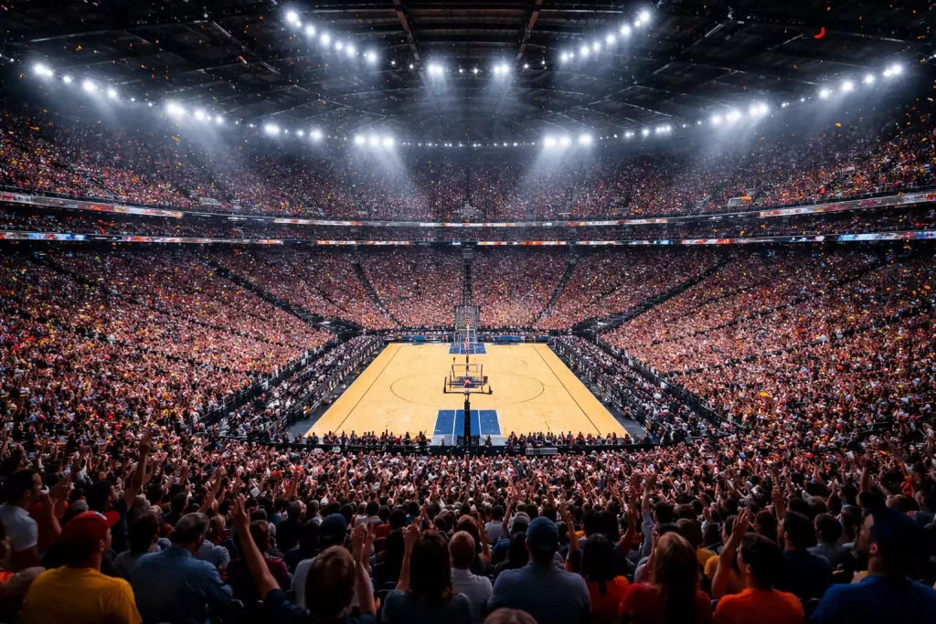 Enorm college basketball stadion gevuld met duizenden fans tijdens een March Madness wedstrijd