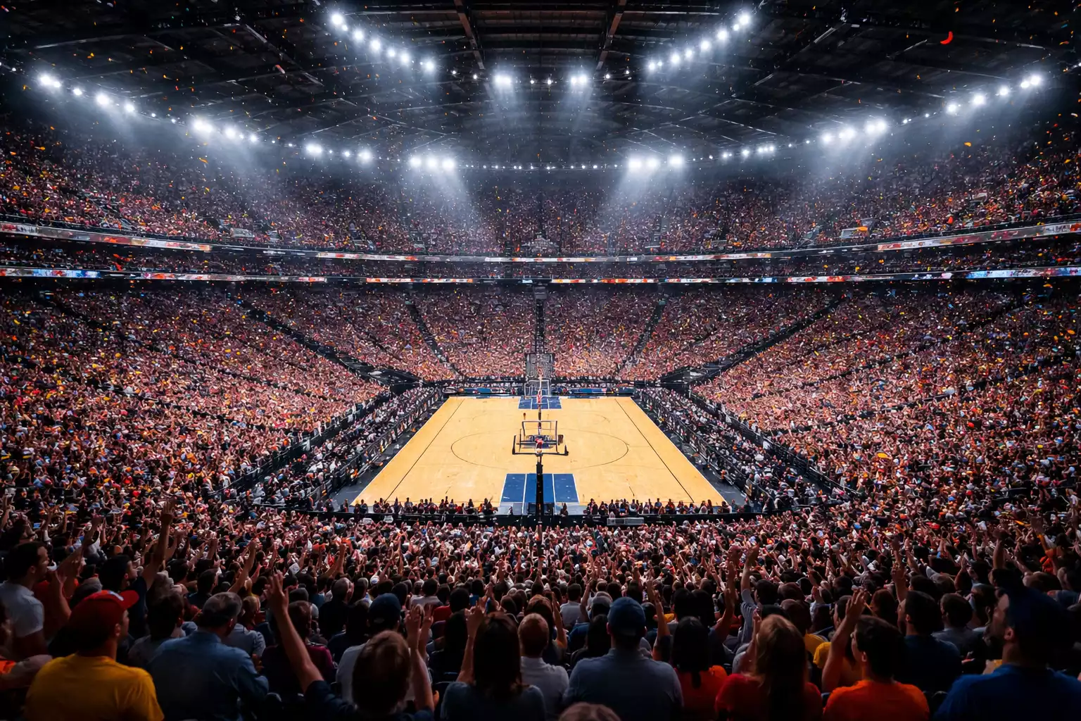 Enorm college basketball stadion gevuld met duizenden fans tijdens een March Madness wedstrijd