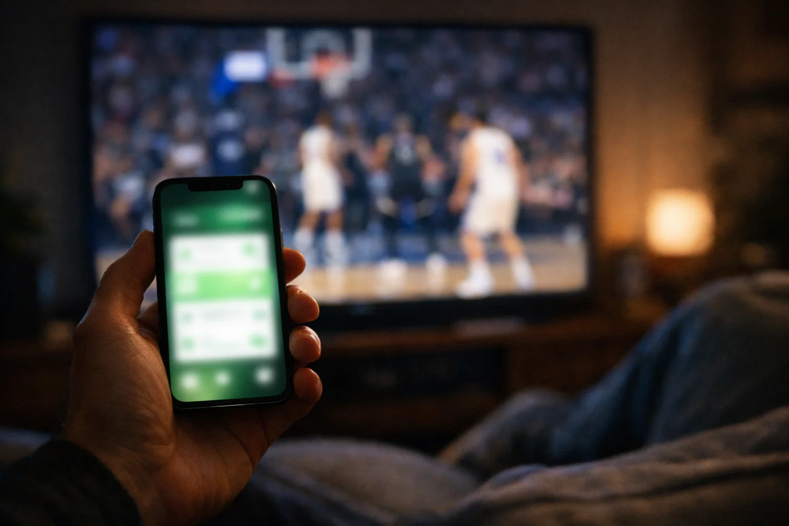 Persoon houdt een smartphone vast terwijl op de achtergrond een basketbalwedstrijd speelt op televisie