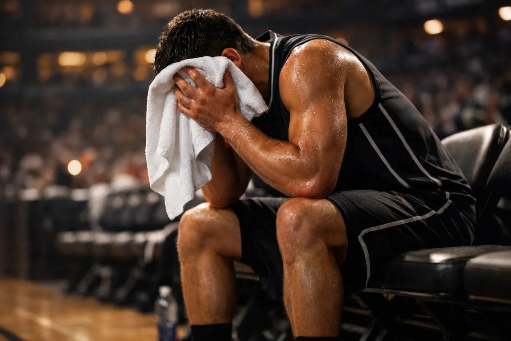 Vermoeide basketbalspeler zit op de bank en droogt zijn gezicht af met een handdoek