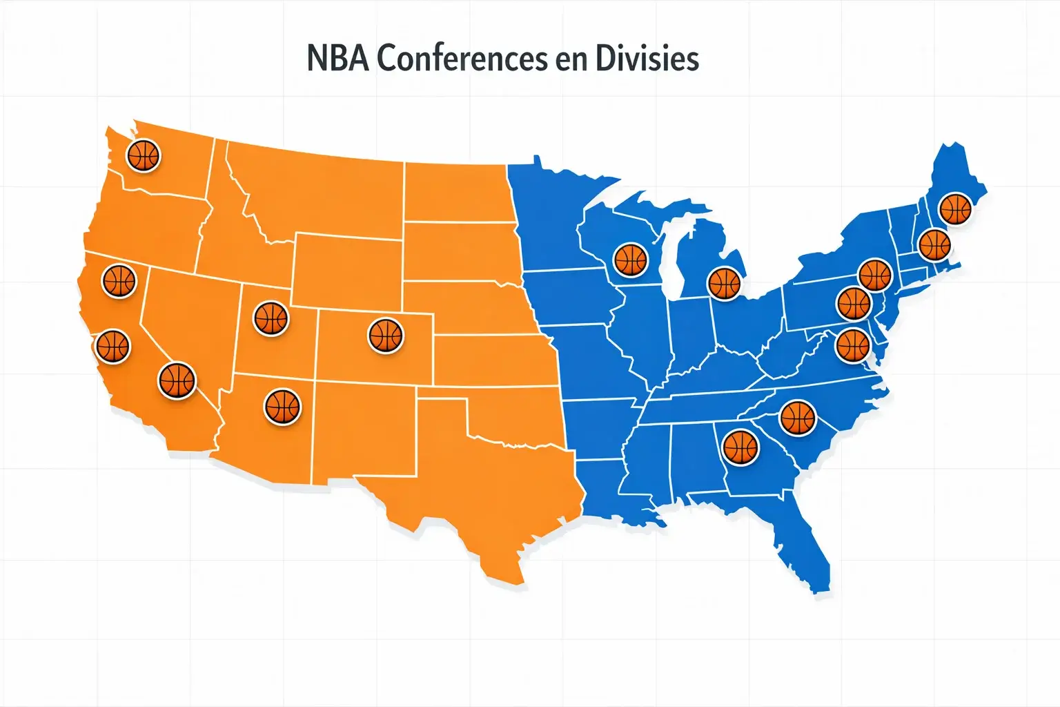 Overzicht van NBA teams verdeeld over Eastern en Western Conference