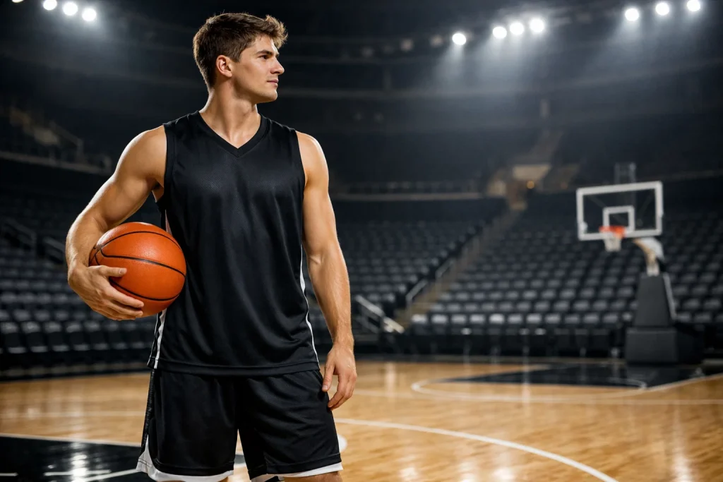 Jonge basketbalspeler in een nieuw teamshirt houdt trots een basketbal vast op het trainingsveld