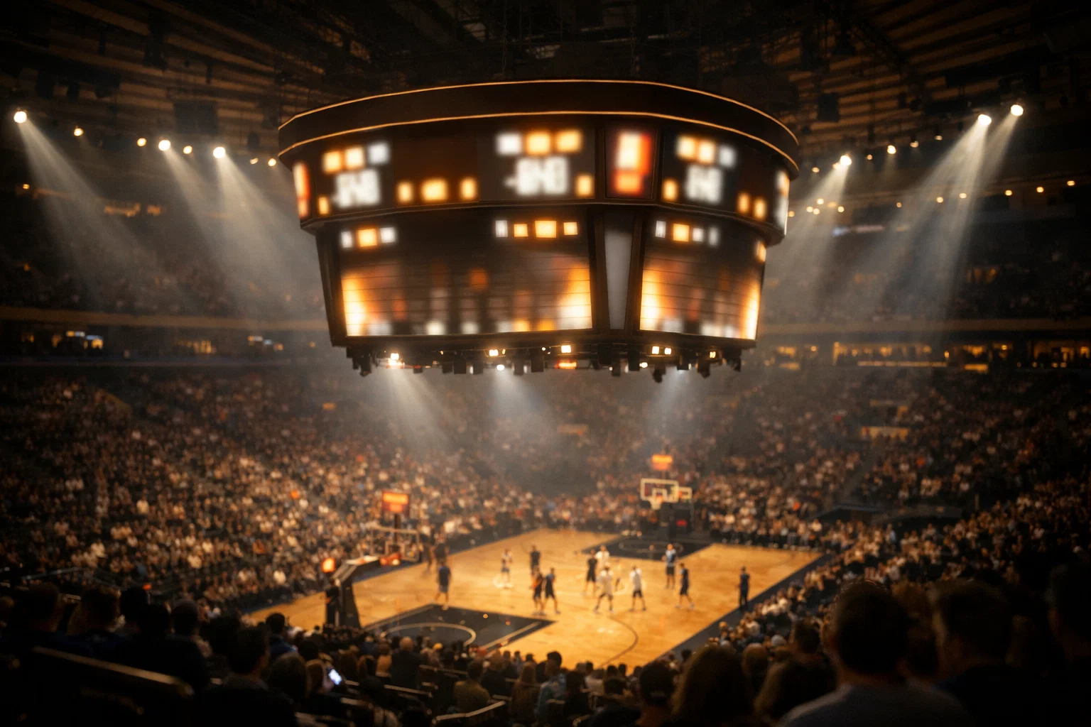 Scorebord in een basketbalarena toont een spannende stand tijdens een NBA-wedstrijd