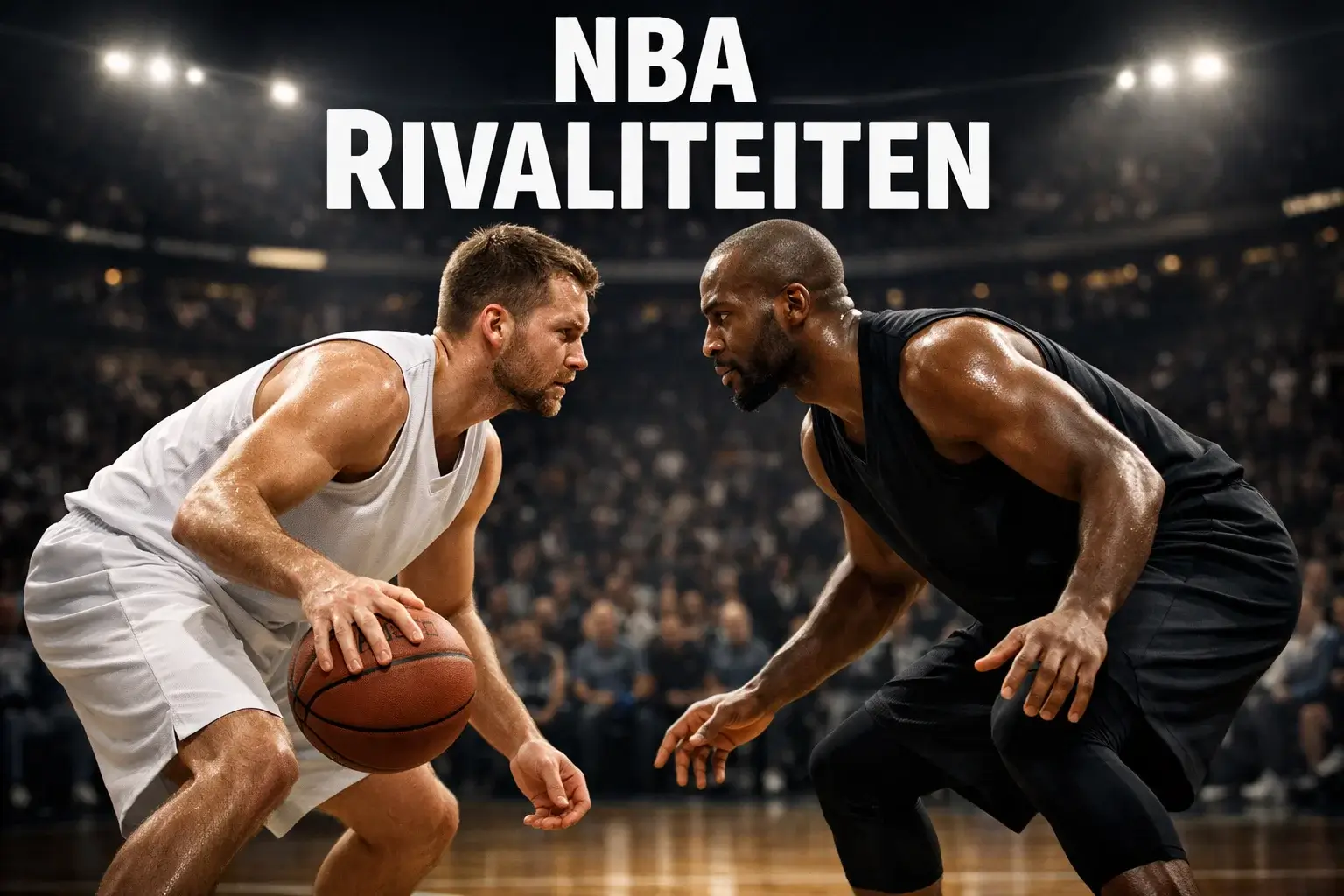 Intense confrontatie tussen twee basketbalteams tijdens een rivaliteitswedstrijd