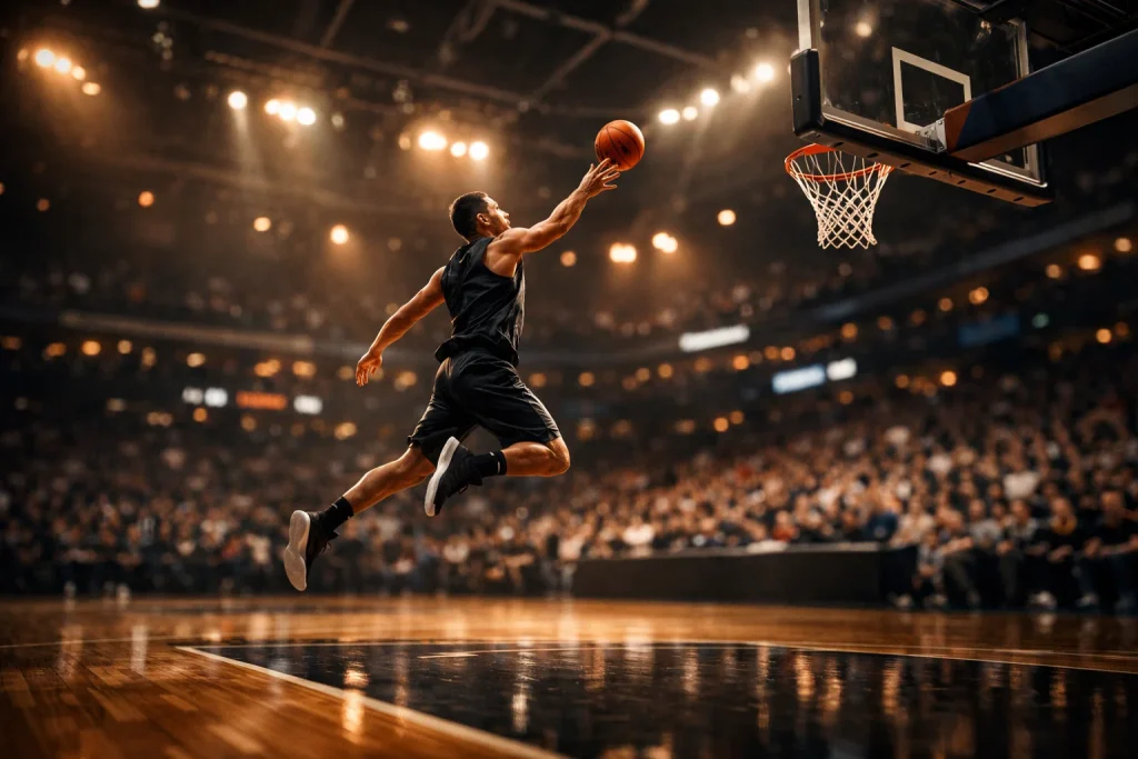 Basketbalspeler maakt een lay-up in een verlichte NBA-arena tijdens een avondwedstrijd