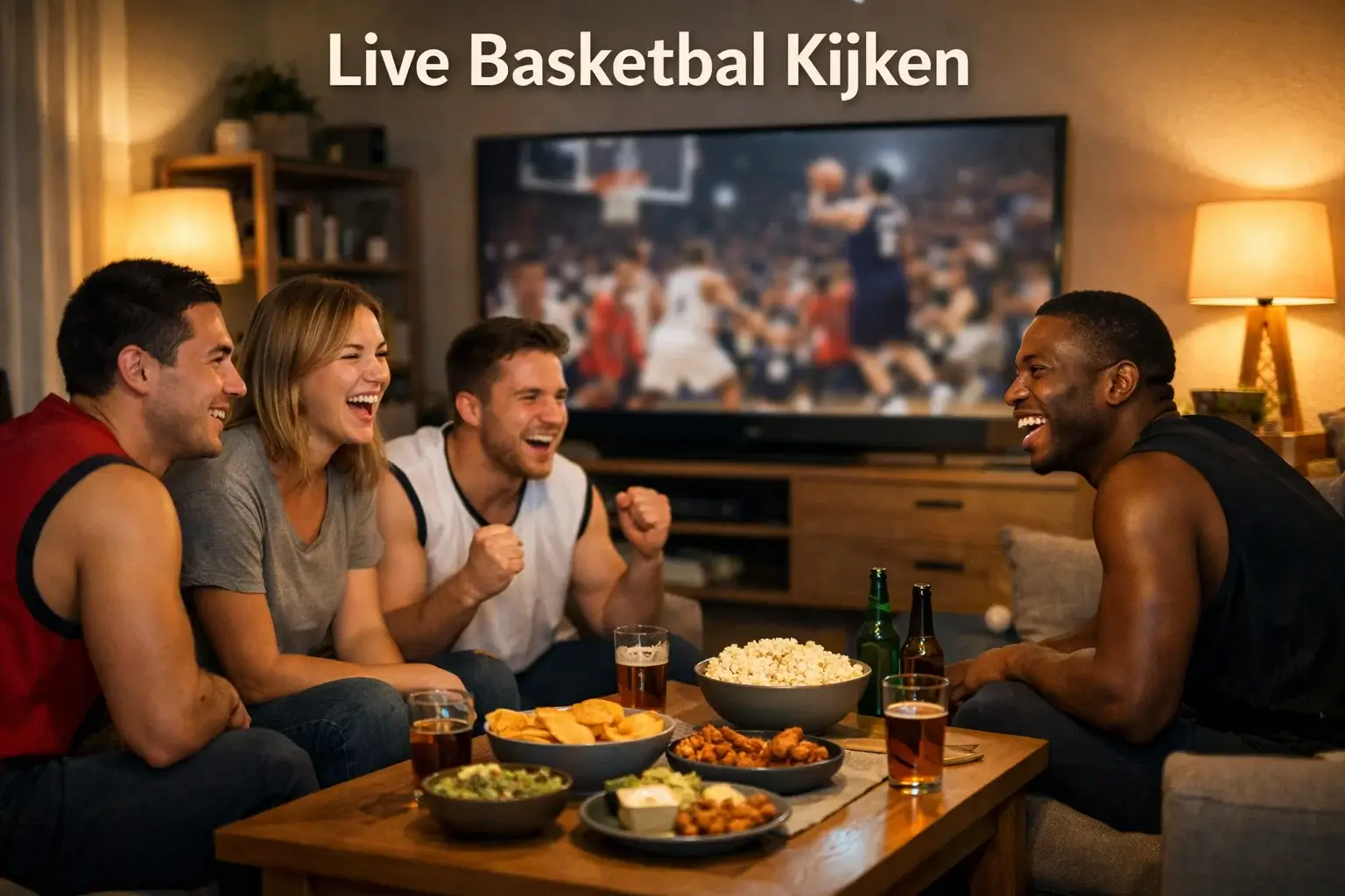 Basketbalfans kijken naar een live NBA-wedstrijd op een groot scherm