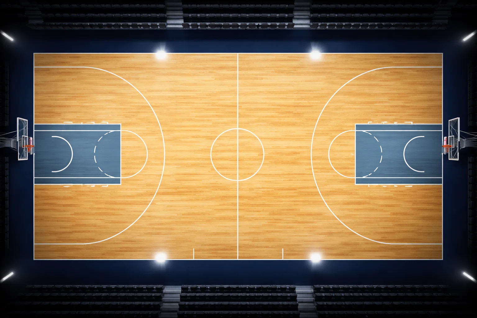 Leeg NBA-basketbalveld van bovenaf gefotografeerd met felle arenaverlichting en geschilderde lijnen