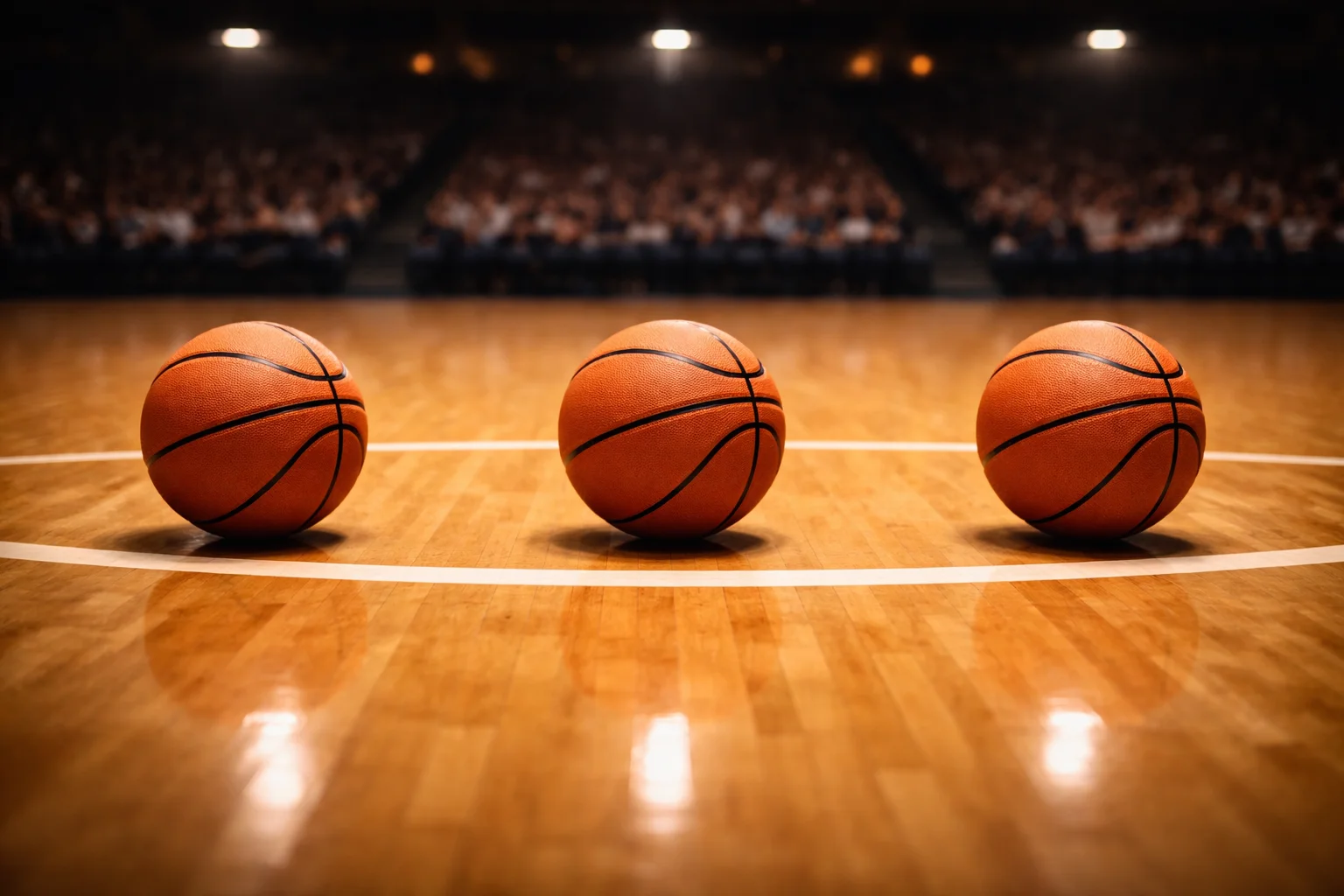 Drie basketballen naast elkaar op een hardhouten veld onder felle arenaverlichting