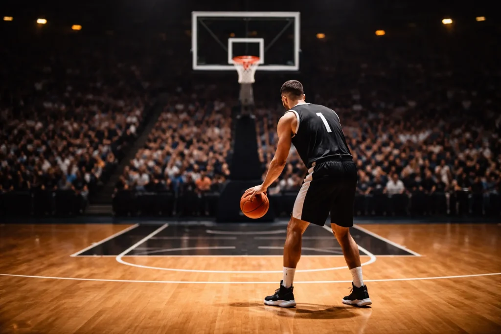 NBA-speler concentreert zich voor een vrije worp op de vrijworplijn in een volle arena