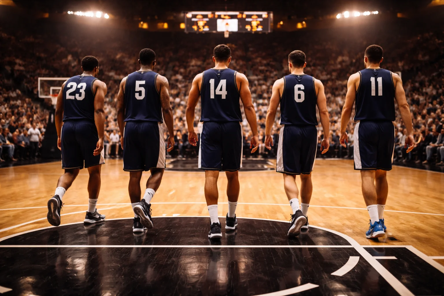 NBA-spelers lopen het veld op voor het begin van een nieuw quarter tijdens een time-out
