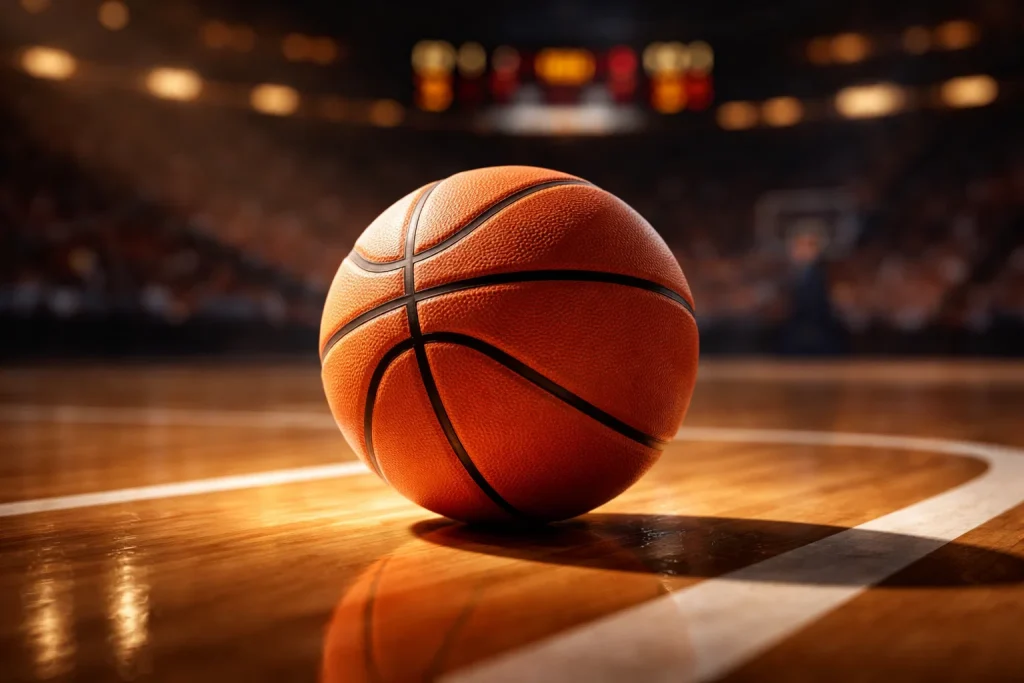 Basketbal stuitert op een hardhouten NBA-veld met het scorebord vaag zichtbaar op de achtergrond