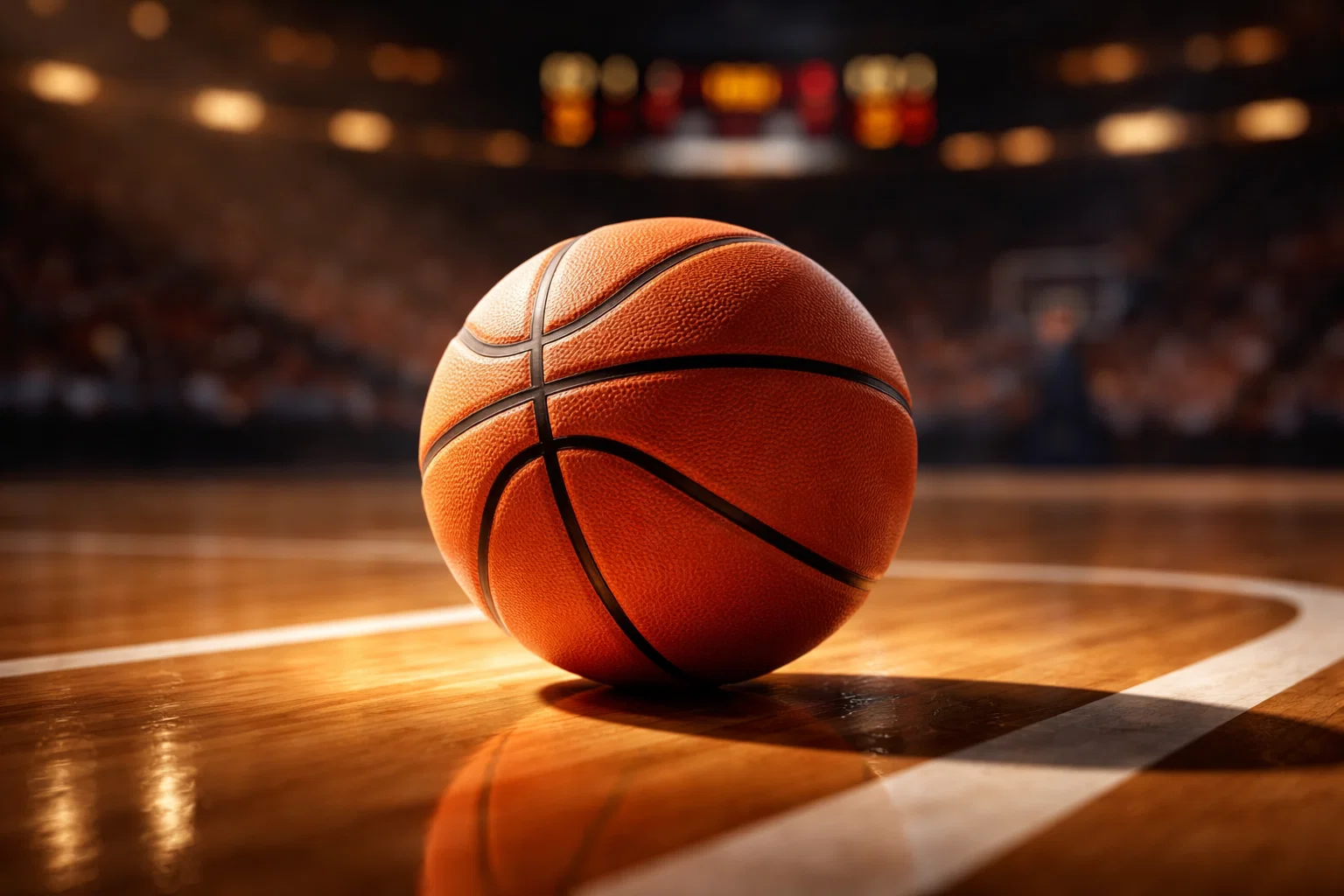 Basketbal stuitert op een hardhouten NBA-veld met het scorebord vaag zichtbaar op de achtergrond