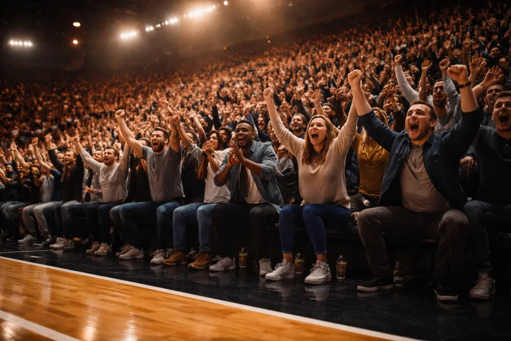 NBA-thuisteam wordt aangemoedigd door een luidruchtig publiek in een uitverkochte basketbalarena