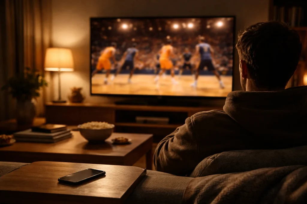 Persoon legt zijn smartphone bewust weg en kijkt ontspannen naar een basketbalwedstrijd op televisie