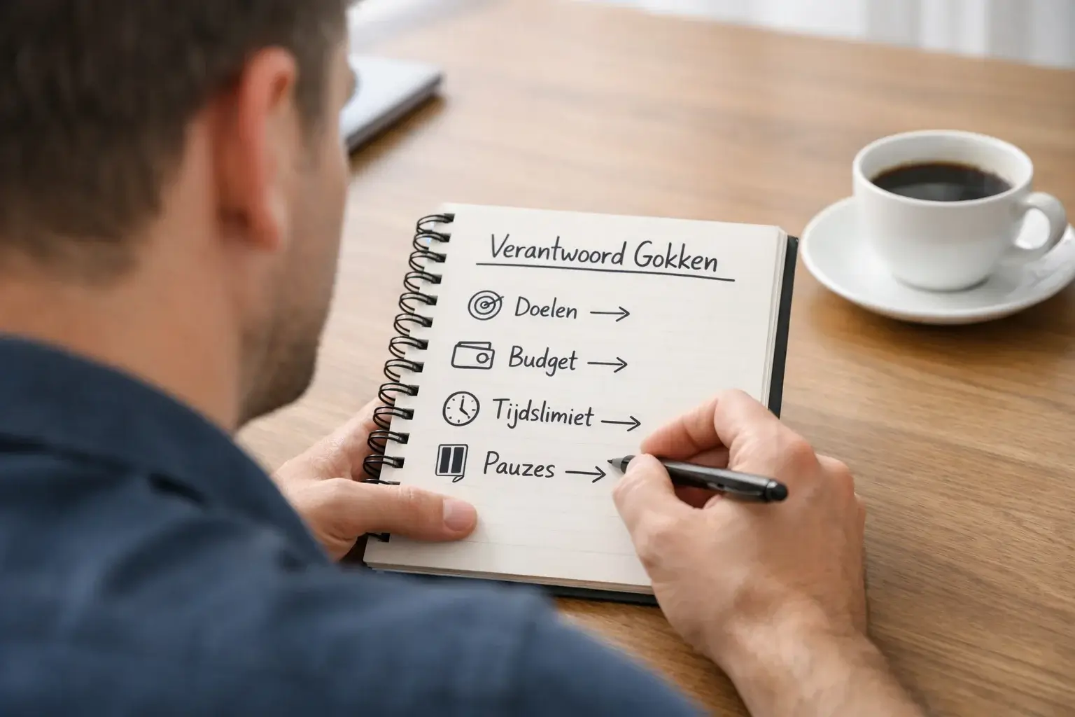 Volwassen persoon met notitieboek en pen plant een budget aan een rustige werktafel